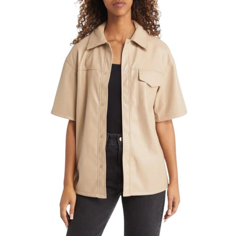 TopShop Short Sleeve Faux Leather Shirt Tan Stone Size 6 NWOT $74 MSRP